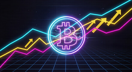 Vibrant neon digital currency symbol illuminates a dynamic financial landscape, showcasing upward trending market graphs and the progressive future of technological investment