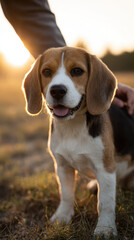 Beagle puppy outdoor park sunlight happy pet training beagle puppy in warm park light