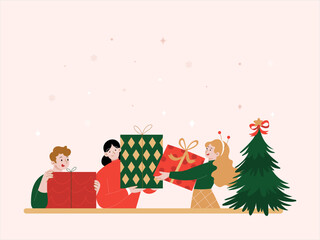 Merry Christmas and Happy New Year, Family members give each other gifts