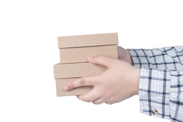 Hands of delivery man holding boxes isolated on white background. High quality photo