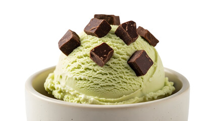 Pistachio ice cream with chocolate chunks isolated on transparent background