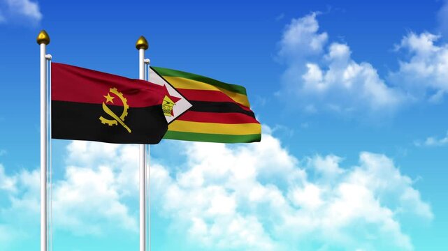 Waving flags of ANGOLA and ZIMBABWE on pole included with alpha channel