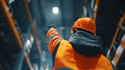 A worker wearing an orange helmet and jacket points to the ceiling of a busy warehouse. The worker is focused on something above while surrounded by high shelves and industrial equipment.