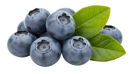 Fresh blueberries with green leaves isolated on transparent background