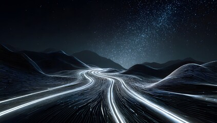 Abstract depiction of a futuristic glowing river flowing through a dark mountainous landscape under a starry sky with ethereal light trails