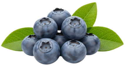 Pile of blueberries with leaves isolated on transparent background