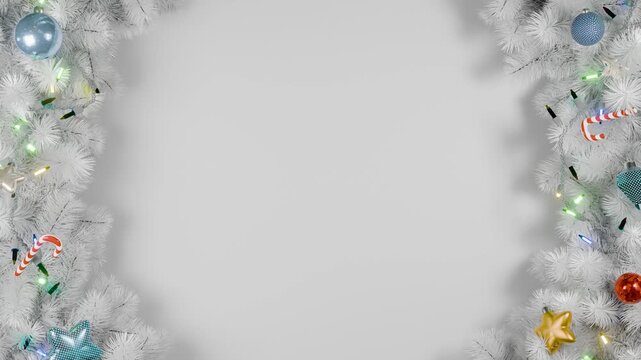 Christmas frame or new year frame with white fir or pine leaves and light bulbs blinking, christmas balls, stars. Winter white background. 4K loop animation