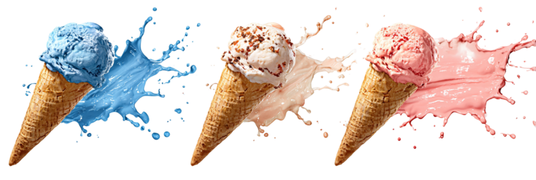  Three ice cream cones with colorful scoops and dynamic liquid splashes isolated PNG
