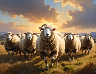 A serene pastoral landscape featuring a flock of sheep grazing during golden hour