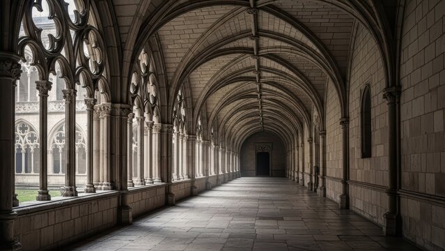 Gothic cloister architecture with arched hallway and ornate columns
