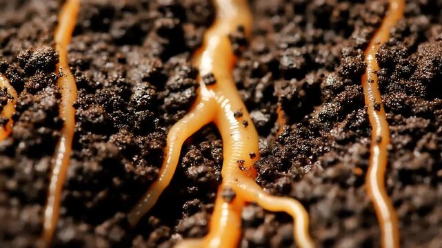 Close-up of worms in dark soil, Close-up of orange worms crawling through dark soil, showcasing texture and detail