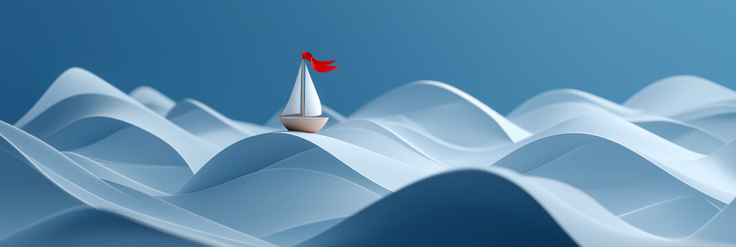 A minimalist 3D rendering of a white sailboat (with smooth white hull and sails) with red flag sailing on smooth blue and white waves. Symbolizing freedom, travel, and ocean adventure. Generative Ai.