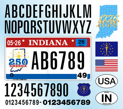 Indiana car license plate pattern 250th anniversary 2026, letters, numbers and symbols, vector illustration, USA, United States