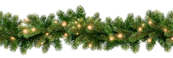  Seamless realistic pine Christmas garland with glowing holiday string lights isolated PNG