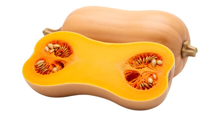 Butternut squash whole and cut isolated on transparent background
