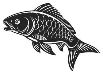 Stylized black and white fish illustration on a black background