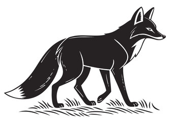 Stylized black fox walking through grass illustration