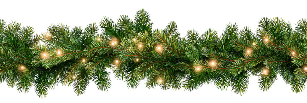 Seamless realistic pine Christmas garland with glowing holiday string lights isolated PNG