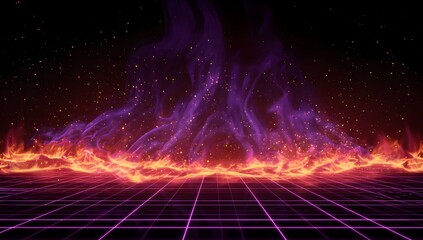 Fiery abstract digital art with intense glowing orange flames and ethereal purple energy rising against a dark starry backdrop over a glowing grid floor