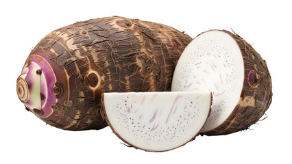 Taro root whole and sliced isolated on transparent background