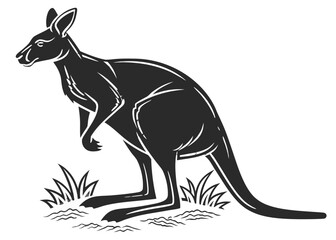 Stylized black and white illustration of a kangaroo standing in grass