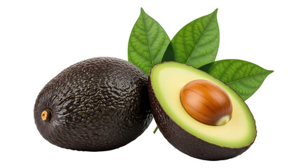 Fresh avocado with leaves isolated on transparent background