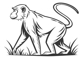 Stylized line art monkey walking through grass