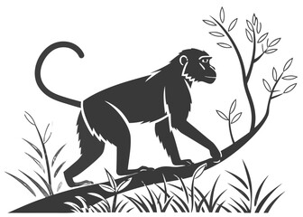 Stylized monkey walking on a branch in a forest