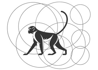 Stylized dark monkey silhouette walking amidst abstract geometric circles