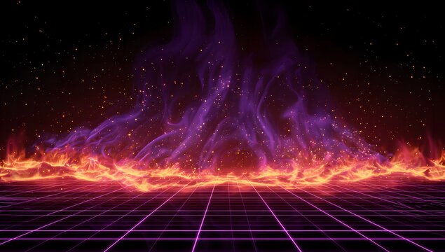 Fiery abstract digital art with intense glowing orange flames and ethereal purple energy rising against a dark starry backdrop over a glowing grid floor - Powered by Adobe
