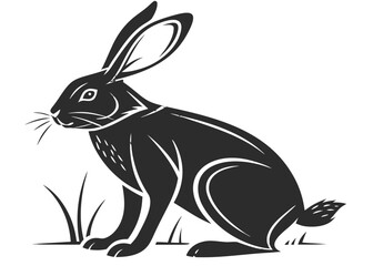 Stylized black rabbit sitting in grass with white accents