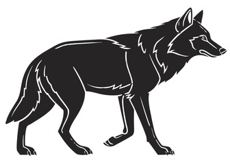 Stylized black wolf walking on a black background with white accents