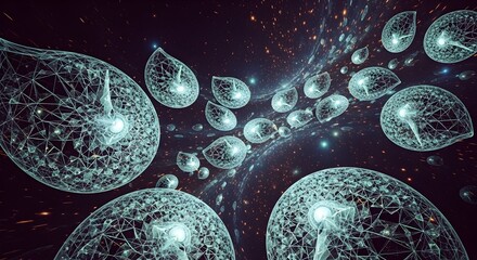 Naklejka premium Abstract cosmic journey through ethereal glowing nebulae and celestial bodies