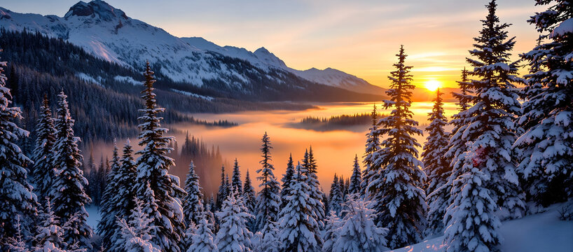 Winter in mountain forest during sunset. Golden hour in dreamlike landscape with snow covered spruce trees and mist in valley. Natural background