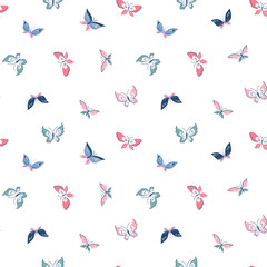 Vintage butterfly seamless pattern. Vector illustrated stylized butterfly on the white background. Elegance fabric print in asian style.