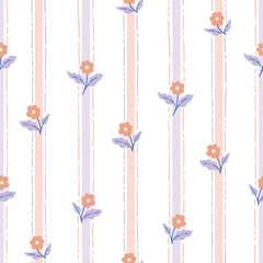 Neutral vector bedding floral seamless pattern. Delicate stylized flowers and stripes on white background. Preppy fabric design for baby projects.