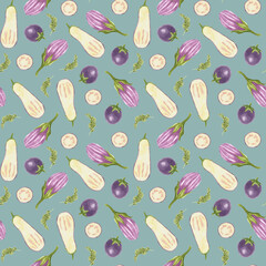 Colorful pattern of vegetables and herbs with eggplants, squash, and garlic scattered across a simple blue background