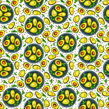 Hand-drawn seamless avocado pattern with bowls and basil. Transparent background
