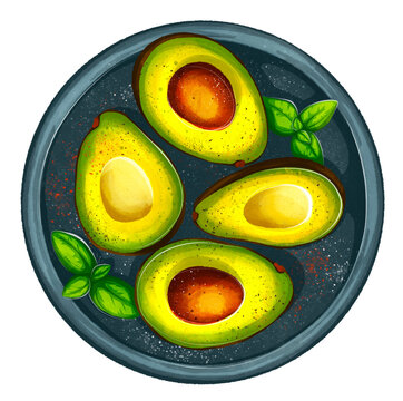 Hand-drawn avocado halves on plate with basil leaves. Transparent background