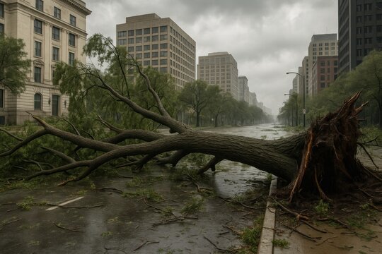 Storm-damaged city street with a large fallen tree blocking the road amid rain, debris, and overcast skies.
