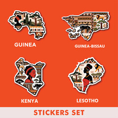 A dynamic sticker set representing Guinea, Guinea-Bissau, Kenya and Lesotho — a fusion of tribal culture, wildlife spirit and bold ethnic ornament.