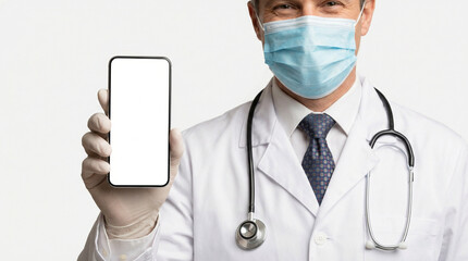 Smiling Doctor in Face Mask Holding Smartphone with Blank Screen