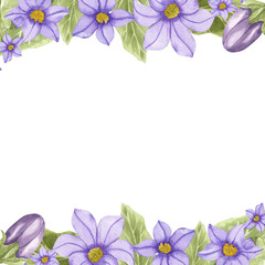 Purple flowers surround a blank space for text ideal for invitations or cards