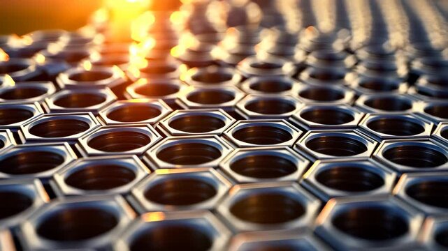 A close-up view of metallic hexagonal nuts is illuminated by the warm glow of sunset. The scene showcases the intricate patterns of the hexagonal nuts reflecting the light beautifu