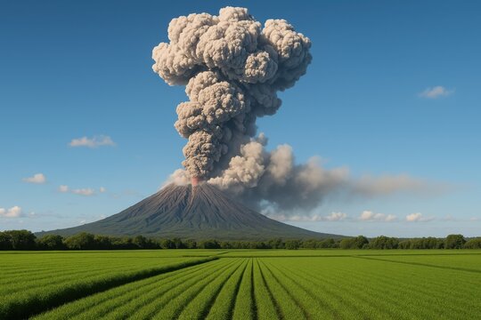 symmetrical volcano releasing a huge ash plume over vibrant green fields under a clear blue sky.