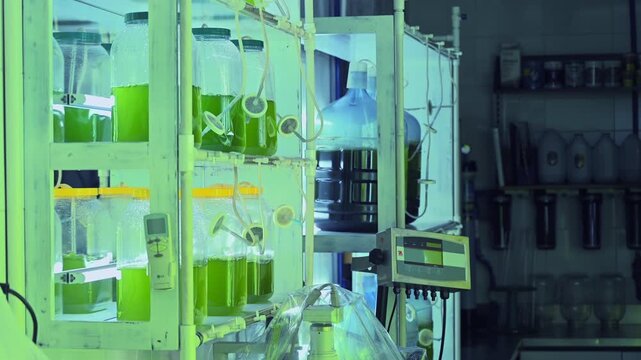Scientific Laboratory with Glass Jars Containing Green Microalgae Under Study