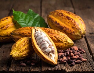 Cacao pods, cut open revealing beans, displayed with dried beans and leaves on weathered, dark wooden surface