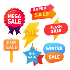 Set of shopping and SALE word elements, sale, super sale, big sale, winter sale, mega sale, flash sale, for sale. 3d, isolated on white background. 