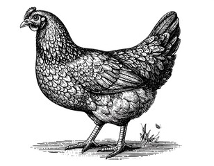 Detailed monochrome drawing of a standing hen, showcasing intricate feather patterns