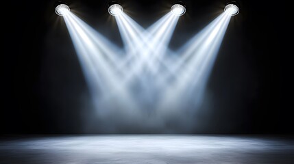 The image shows a dramatic scene with four bright spotlights shining down onto a gray floor against a dark, textured wall, creating a stage-like atmosphere with strong contrast.